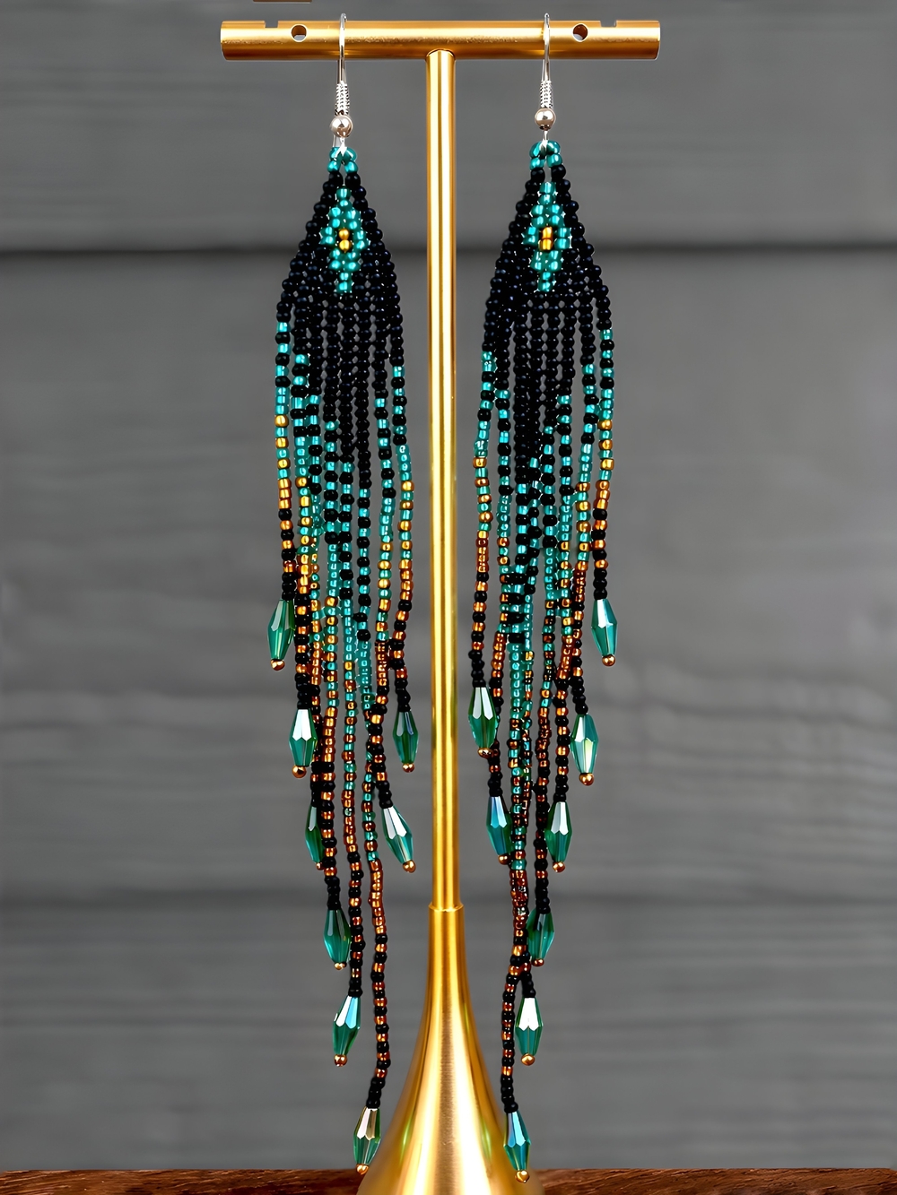 Peacock Iridescent Beaded Fringe Long Earrings Handmade Mermaidcore Jewelry